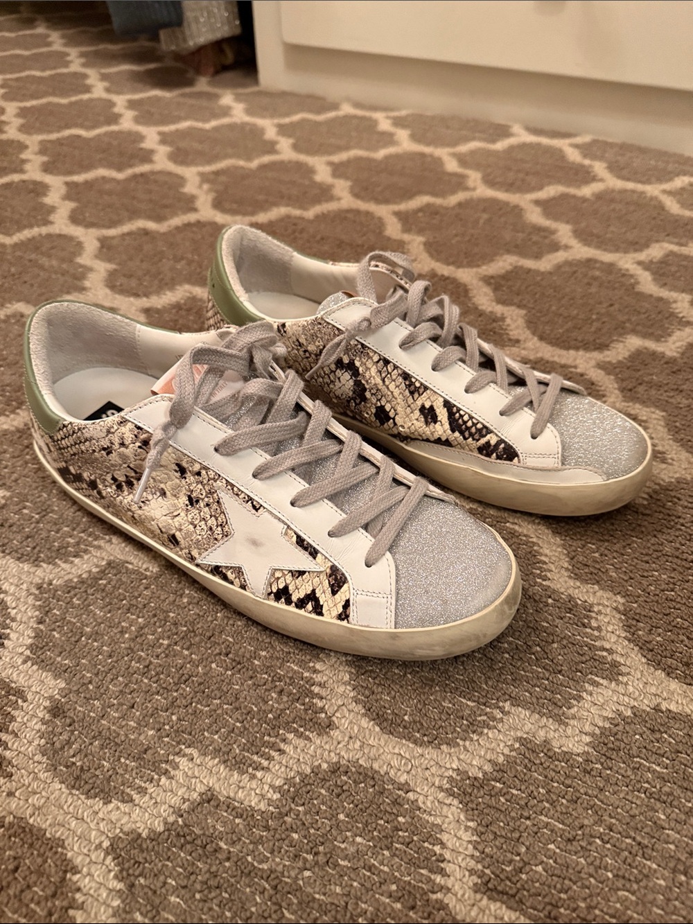 Golden Goose Low-Top Snake-Print Sneakers with Silver Toe and Green Heel